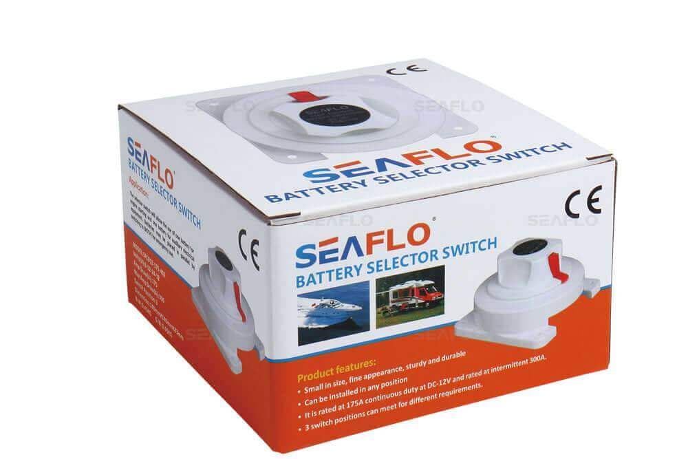 SEAFLO Battery Selector Switch packaging from Cabin Depot for RVs and boats with dual battery management features.