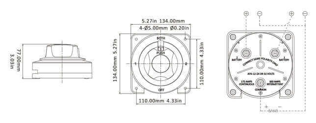 Technical diagram of SEAFLO Battery Selector Switch, ideal for Cabin Depot RV and boat dual battery management systems.