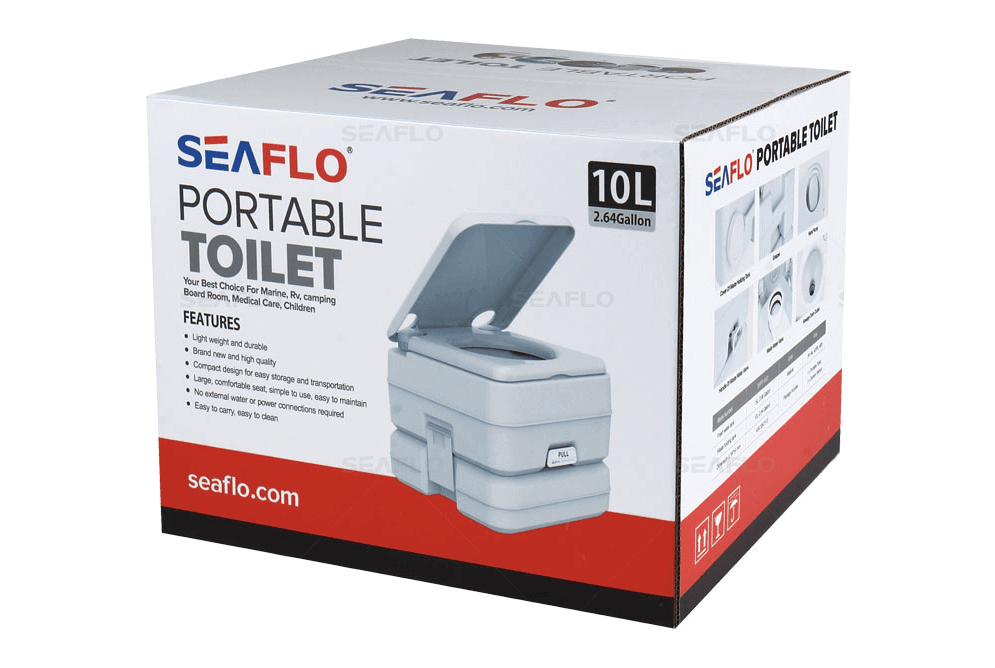 SEAFLO 20L Portable Toilet box for camping, RVs, and cabins, featuring lightweight, durable design available at Cabin Depot.