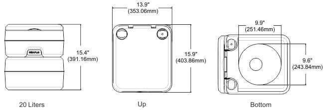 SEAFLO Portable Toilet 20L dimensions: height 15.4 in, width 13.9 in, depth 15.9 in. Available at Cabin Depot. Ideal for camping.