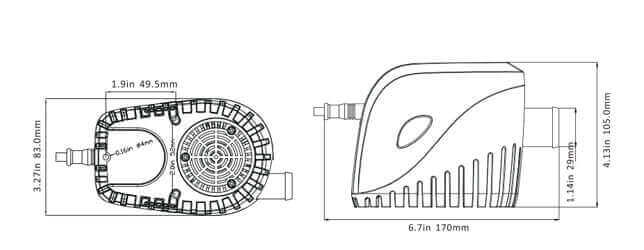 Technical drawing of SEAFLO 1,100GPH 11 Series Automatic Bilge Pump with dimensions in millimeters and inches.