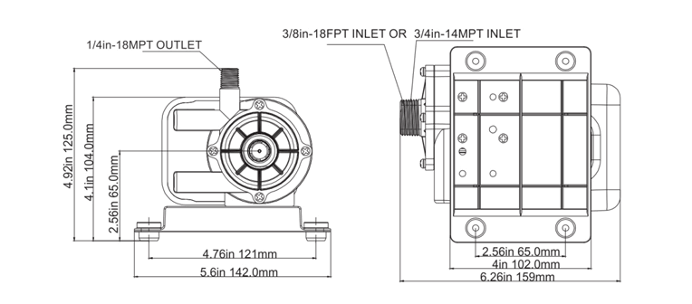 Technical diagram of SEAFLO 115VAC 250GPH Circulation Pump from Cabin Depot, featuring measurements and inlet/outlet specifications.