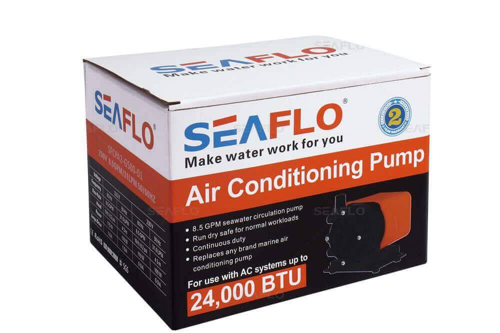 SEAFLO air conditioning pump box for 24,000 BTU systems, highlighting features like seawater circulation and durability.