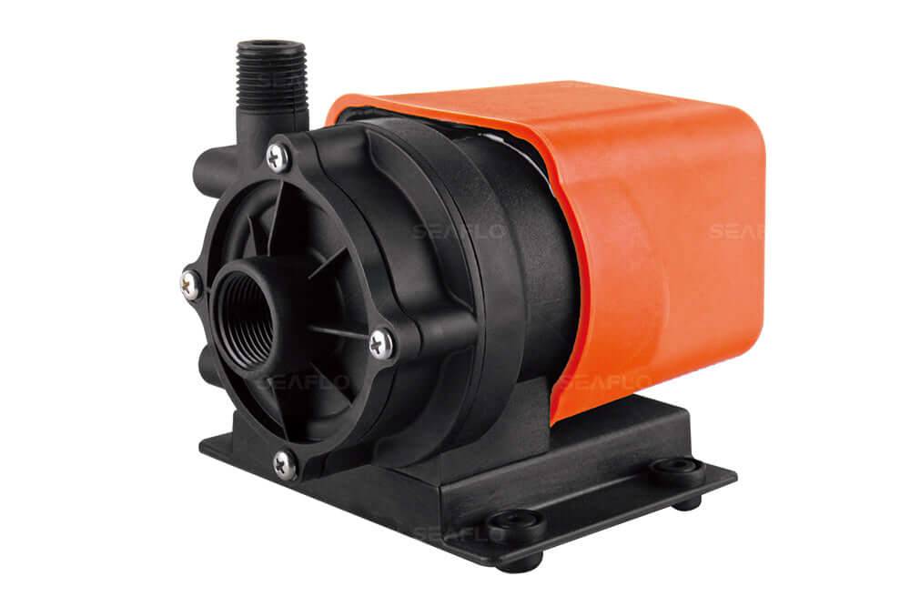 SEAFLO 115VAC 500GPH centrifugal magnetic drive circulation pump, orange and black, designed for continuous and submerged use.