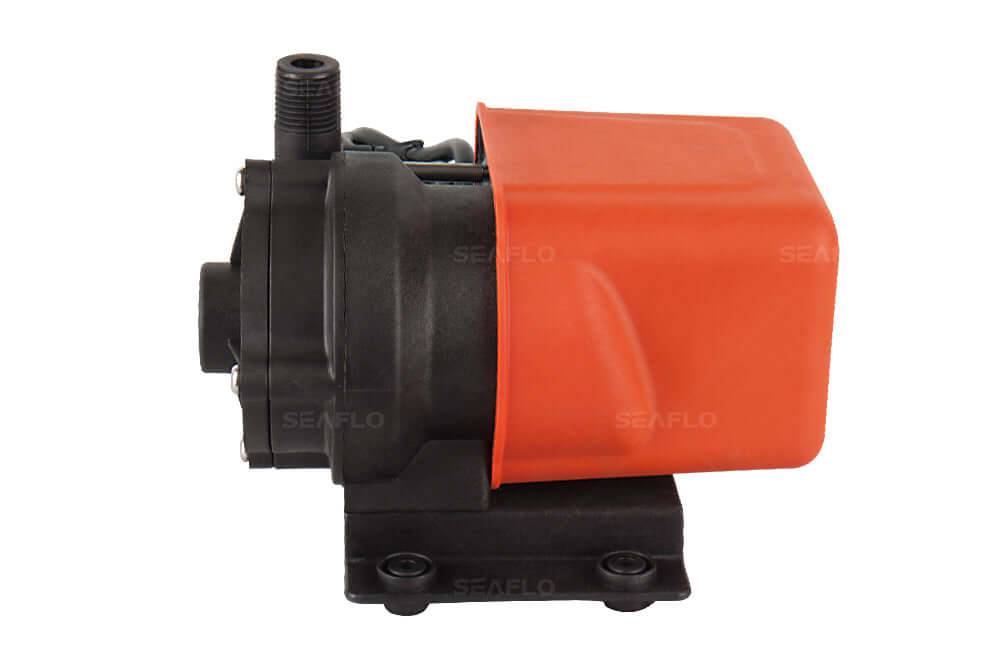 SEAFLO 115VAC 500GPH circulation pump, centrifugal magnetic drive, orange and black casing, continuous use, no shaft seal needed.