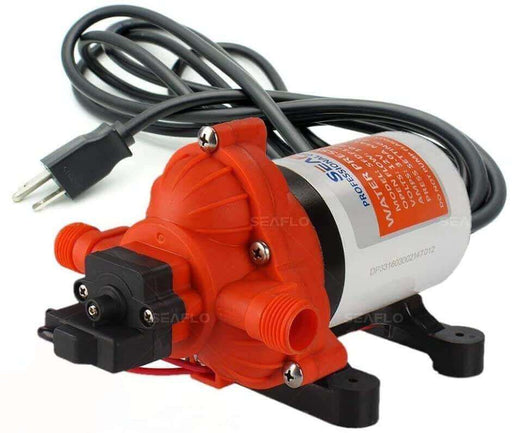 SEAFLO 115vAC Diaphragm Pump 5GPM 55PSI with 3-prong plug, perfect for cabins. Powerful, adaptable SEAFLO pump available at Cabin Depot.