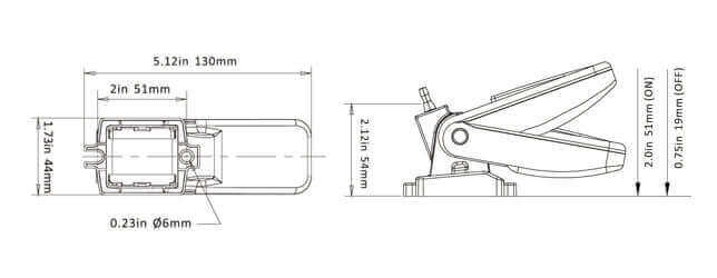 Technical dimensions of SEAFLO 20A Float Switch for 12v, 24v, 36v pumps, ideal for bilge systems. Available at Cabin Depot.
