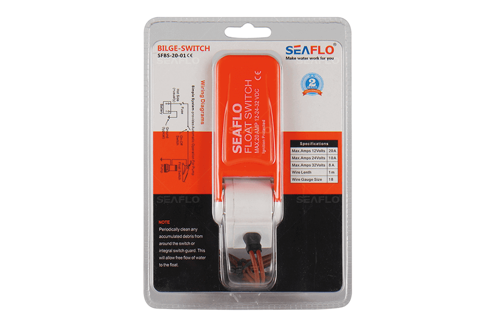 SEAFLO 20A Float Switch in packaging for bilge pumps, suitable for 12v, 24v, 36v systems, ideal for fresh or salt water use.