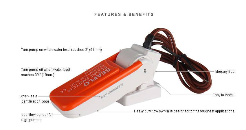 SEAFLO 20A Float Switch from Cabin Depot for bilge pumps, compatible with 12v, 24v, and 36v systems, heavy duty for tough applications.