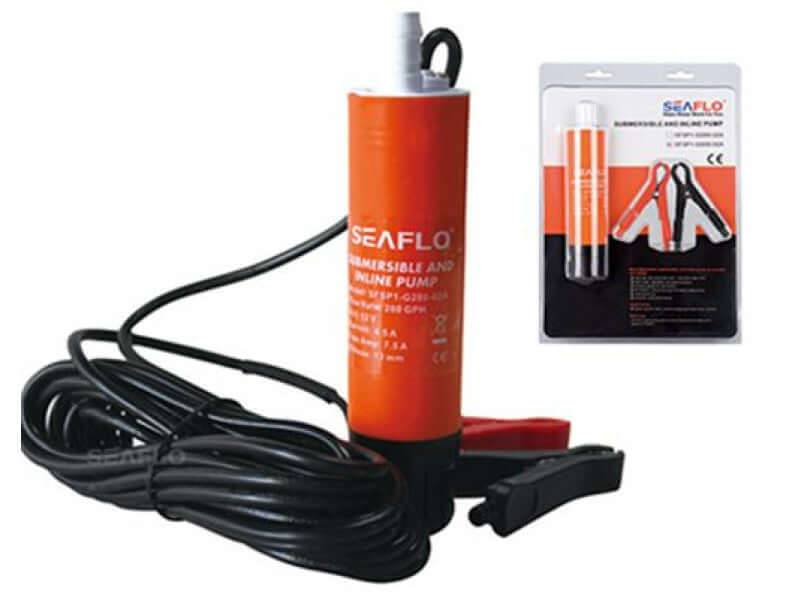 SEAFLO 12V 280GPH Submersible/In-Line Water Pump with packaging, ideal for clean water, seawater, or diesel from Cabin Depot.