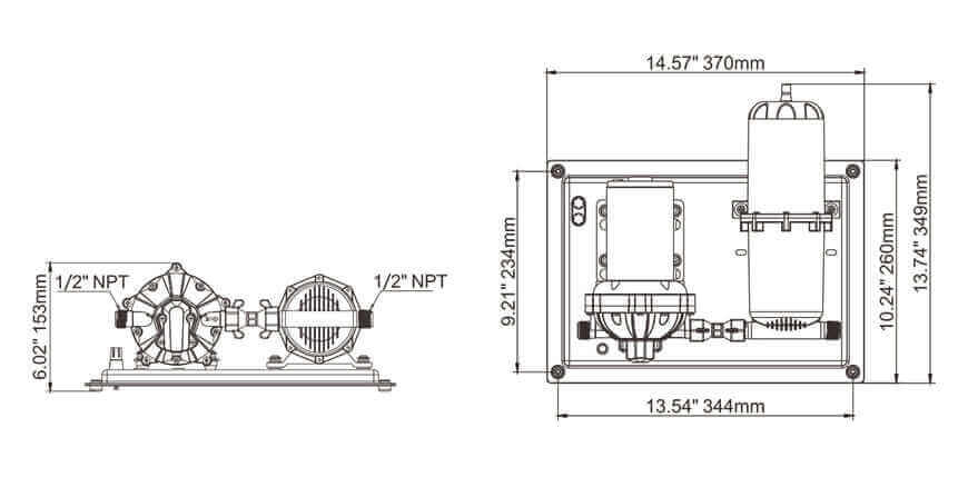 Technical diagram of SEAFLO 12V 5.5GPM 51 Series Water Pressure System installation, available at Cabin Depot