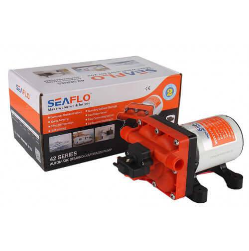SEAFLO 24V 42 Series Diaphragm Pump 55PSI with packaging, compact design for tight spaces. Available at Cabin Depot.