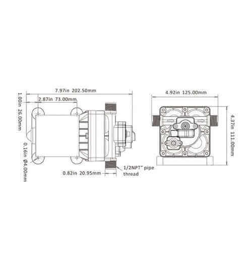 Technical diagram of SEAFLO 42 Series Diaphragm Pump, 24V, 55PSI, dimensions and specifications for installation - Cabin Depot.