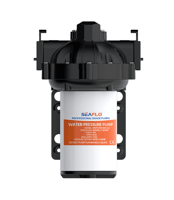 SEAFLO 12V 7GPM 53 Series Diaphragm Pump 60PSI for Cabin Depot water systems, heavy-duty and easy installation, no tank needed.