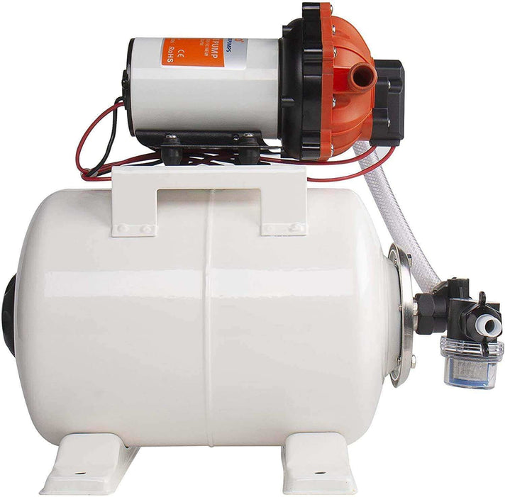 SEAFLO 12V 8L Accumulator Pressure Boost System with diaphragm pump and pre-pressurized tank for easy water pressure installation.