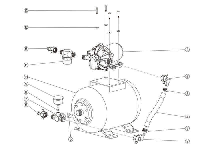 Diagram of SEAFLO 8L Accumulator Pressure Boost System for Cabin Depot. Features 5 chamber pump, strainer, fittings, and connections.