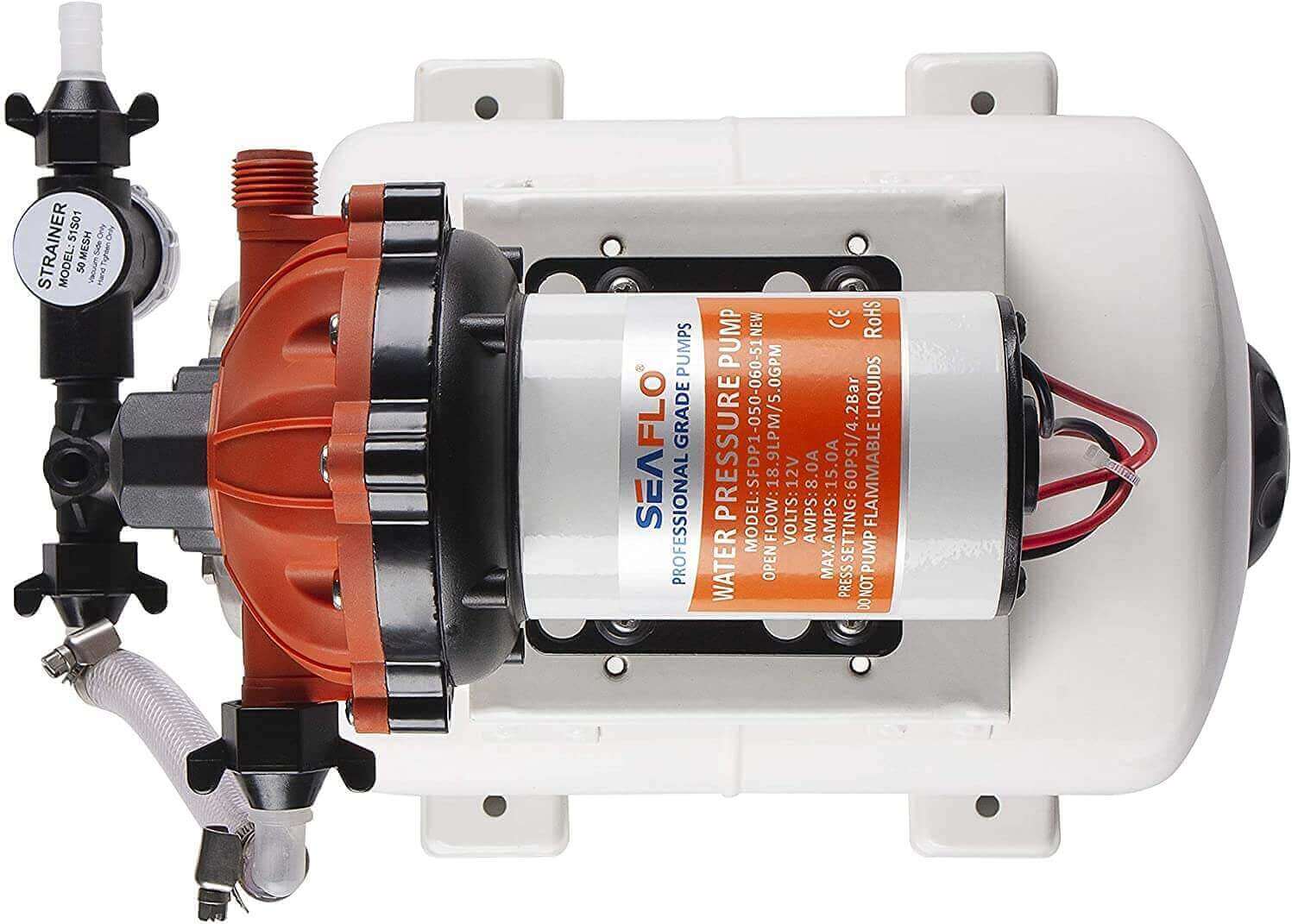 SEAFLO 12V 8L Accumulator Pressure Boost System, Cabin Depot, SFWSK1-050-060-0021, with diaphragm pump and pre-pressurized tank.