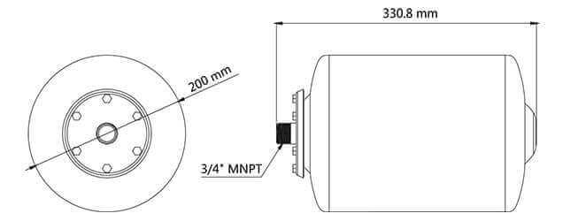 Technical diagram of SEAFLO 8L Accumulator Tank dimensions, available at Cabin Depot for marine and RV applications.