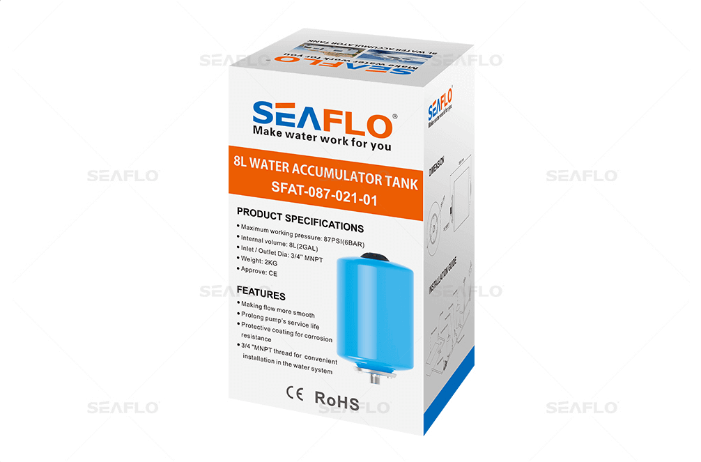SEAFLO 8L Accumulator Tank packaging for marine and RV, designed for pressure stability and quieter systems. Sold by Cabin Depot.