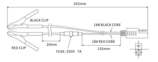 Diagram of SEAFLO 18 AWG battery wiring harness clips with dimensions and 2-pin connector details.