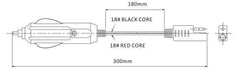 Diagram of SEAFLO cigarette style car adapter plug with 18 AWG black and red core wiring, 180mm and 300mm measurements labeled.