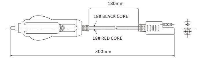 Diagram of SEAFLO cigarette style car adapter plug with 18 AWG black and red core wiring, 180mm and 300mm measurements labeled.