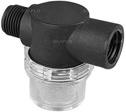 SEAFLO filter with 1/2 MNPT to 1/2 FNPT, mesh size 50, standard pump configuration, inline strainer for efficient filtering.