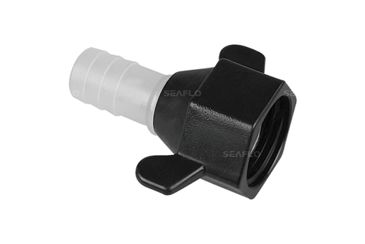 SEAFLO fitting with 1/2" barb to 1/2" FNPT straight, suitable for diaphragm pumps, made from POM & PP materials.