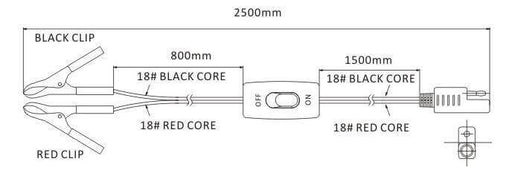 Diagram of SEAFLO 18 AWG wiring harness with on-off switch and 30A battery clips, 2500mm length, showing black and red cores.