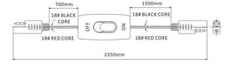 Diagram of SEAFLO harness with on-off switch, 18 AWG wiring, 2350mm length, molded 2-pin connector, showing black and red cores.