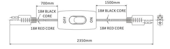 Diagram of SEAFLO Harness with ON/OFF switch showing dimensions. Features 18 AWG wiring, 92.52" length, molded 2-pin connector. Cabin Depot.