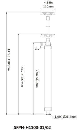Diagram of SEAFLO Long Barrel Hand Pump with dimensions, available at Cabin Depot. Ideal for marine use, showing 560 mm barrel length.
