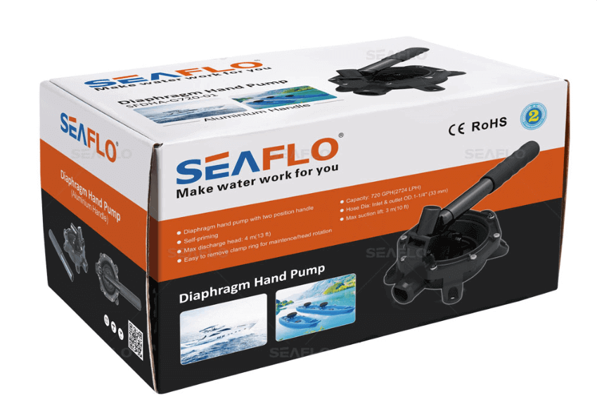 SEAFLO 720GPH Manual Hand Pump packaging with pump, available at Cabin Depot, offering up to 12 GPM flow and durable construction.