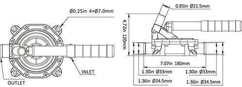 Technical diagram of SEAFLO 720GPH manual hand pump dimensions by Cabin Depot.