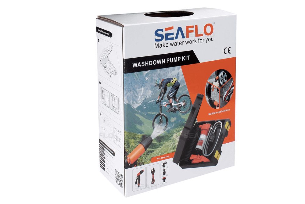 SEAFLO 4.5GPM Wash Down Kit packaging featuring pump, hose, and nozzle for remote cleaning applications.