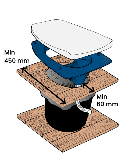 Exploded view of Separett Privy 501 Outhouse Kit components with dimensions, available at Cabin Depot for efficient waste management.