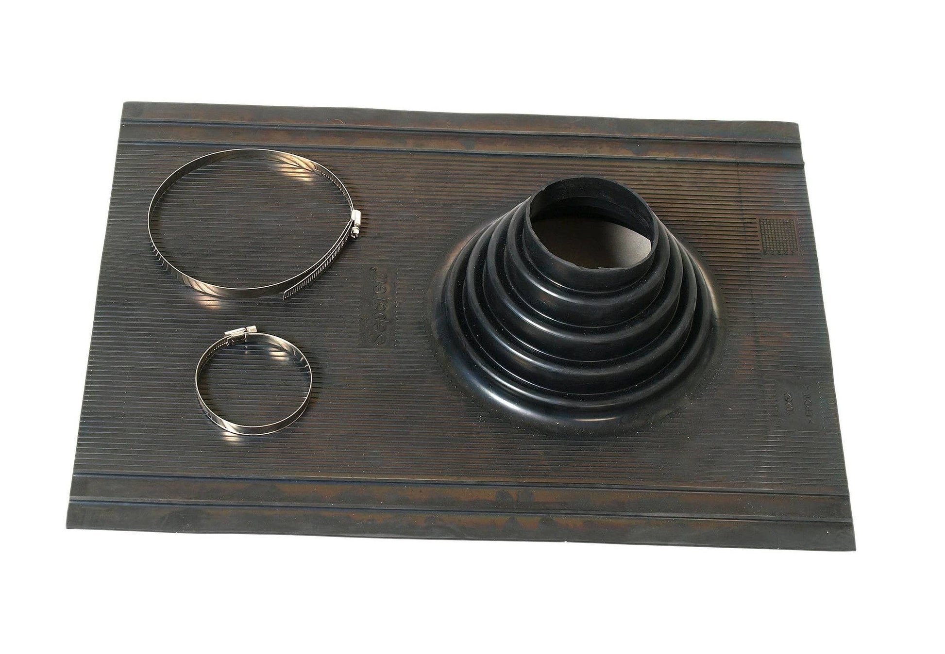 Rubber Roof Flashing for sealed vent installation, available at Cabin Depot. Ideal for tarred or tiled roofs; ensures weather resistance.