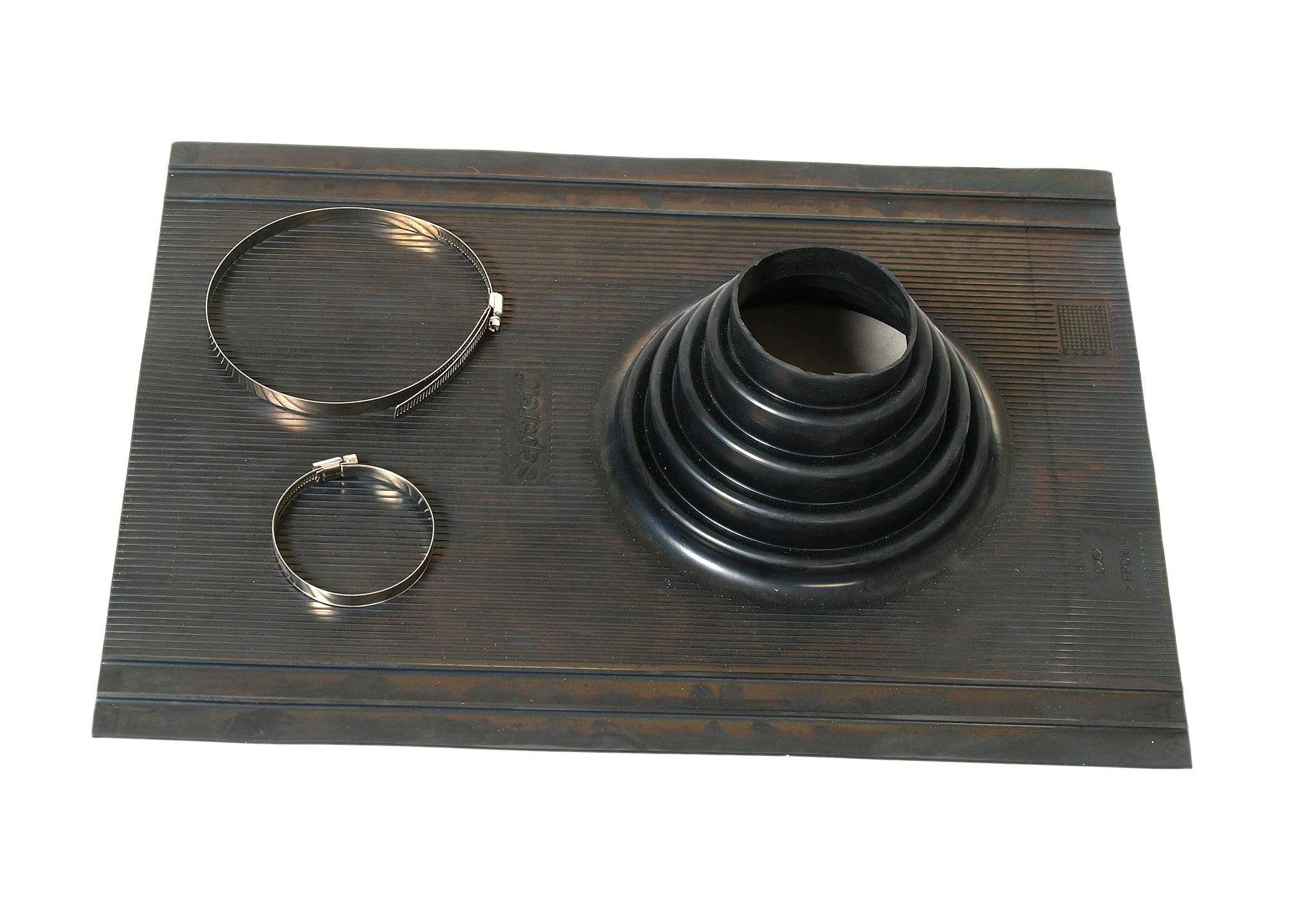 Rubber Roof Flashing for sealed vent installation, available at Cabin Depot. Ideal for tarred or tiled roofs; ensures weather resistance.