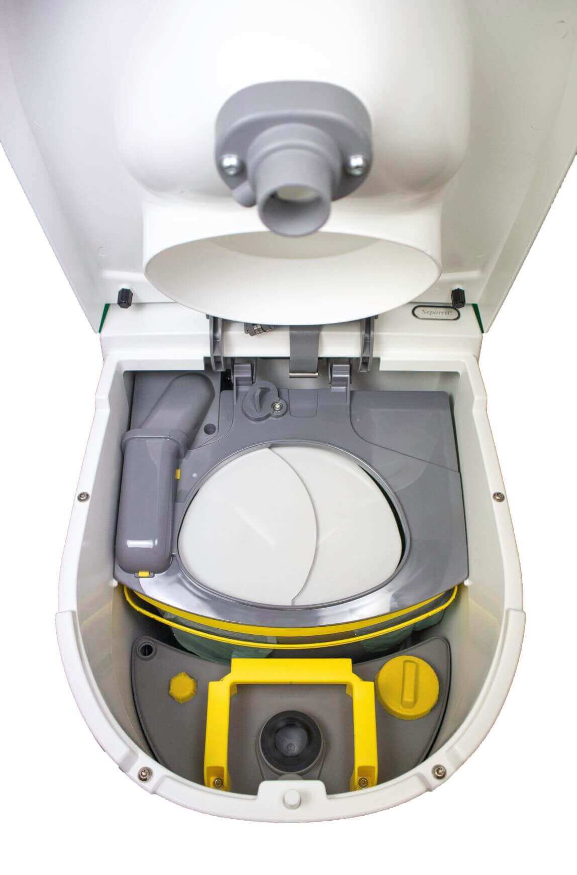 Separett Tiny 1270 toilet with internal urine tank, compact eco-friendly design for RVs, cabins, available at Cabin Depot.