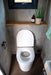 Compact Separett Tiny 1271 Toilet in modern washroom setting with plant and soap on shelf. Perfect for small spaces like RVs and cabins.