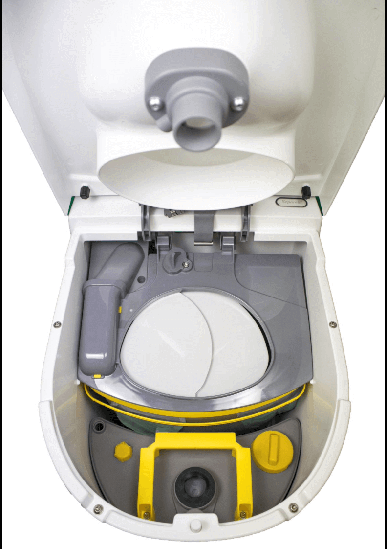 Interior view of Separett Tiny toilet with urine container, available at Cabin Depot, 7.1-litre capacity for home or cabin use.