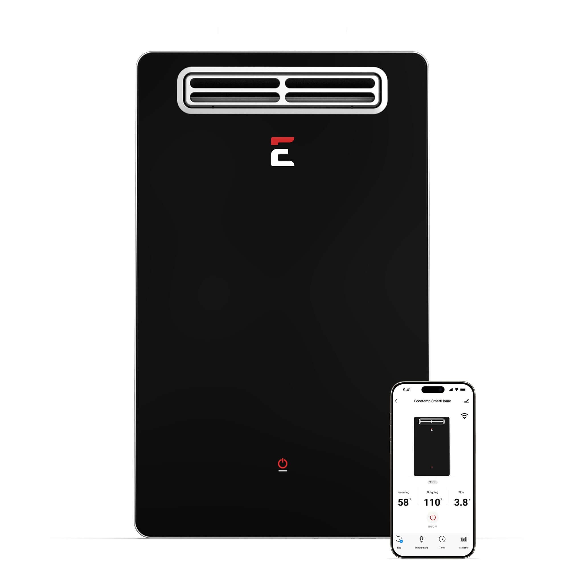 Alt Tag: Eccotemp SmartHome 6.8 GPM Outdoor Liquid Propane Tankless Water Heater at Cabin Depot with smartphone control interface.