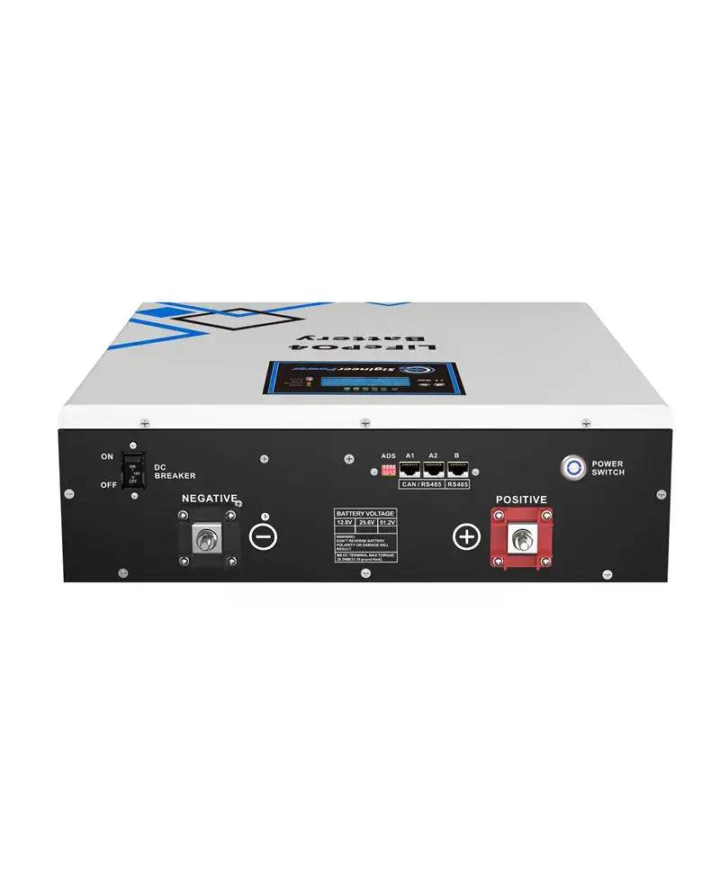 Sigineer 48V 100AH LiFePO4 Battery, ideal for RV, boat, and solar systems at Cabin Depot, showing front view with terminals and display.