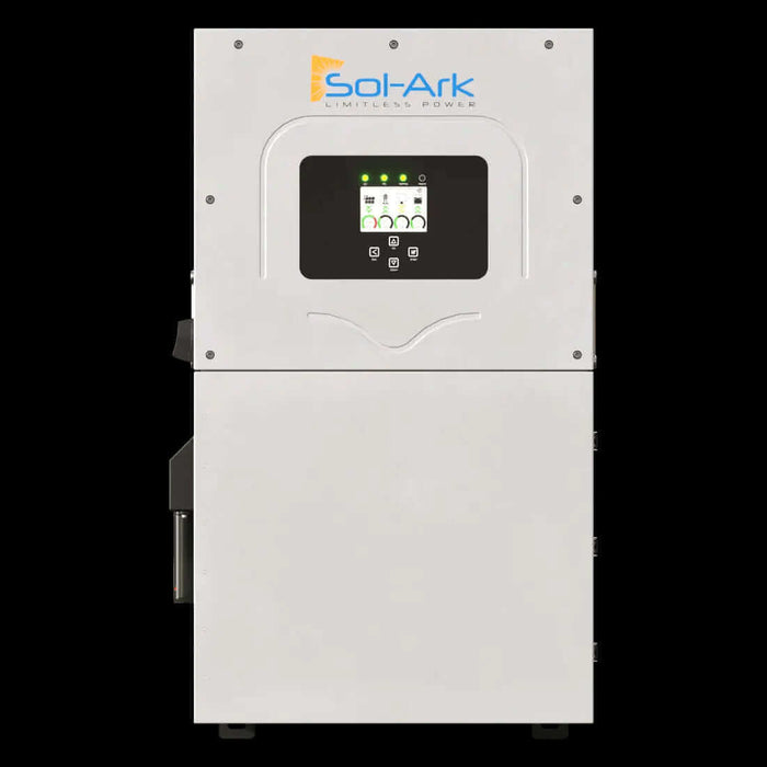 Sol-Ark 12,000W all-in-one hybrid inverter with remote monitoring and EV charging capabilities for off-grid and grid-tied systems.