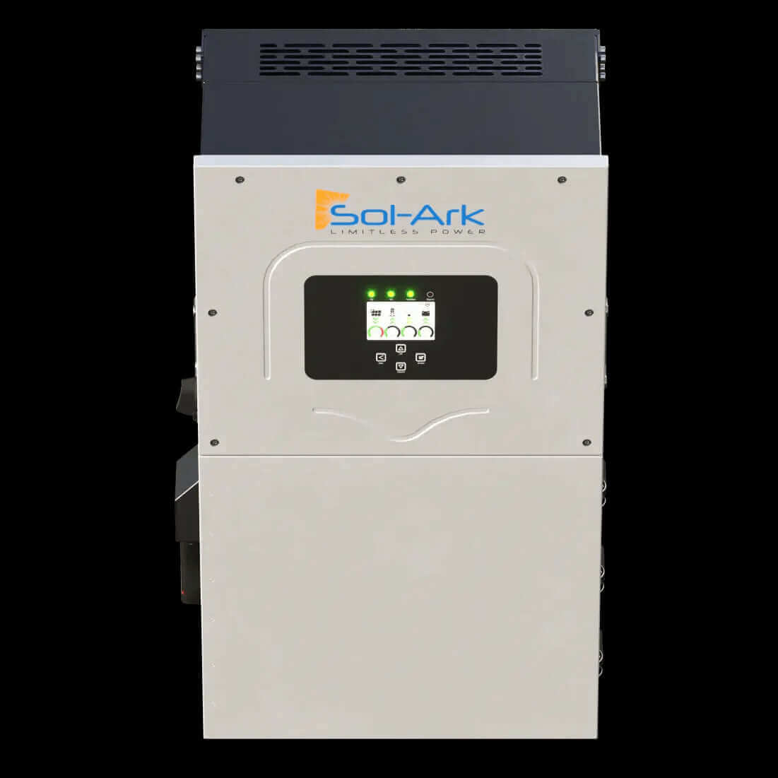 Sol-Ark 12,000W hybrid inverter front view, featuring remote monitoring and EV charging at Cabin Depot.