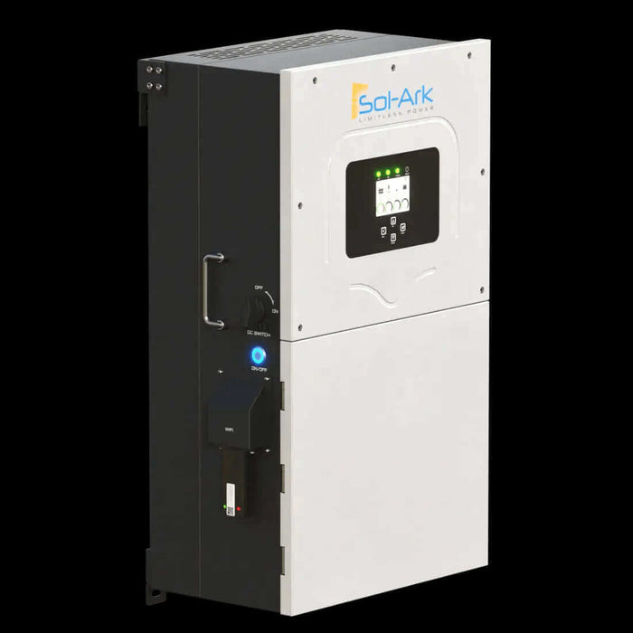 Sol-Ark 12,000W All-In-One Hybrid Inverter with remote monitoring and EV charging options for solar power systems.