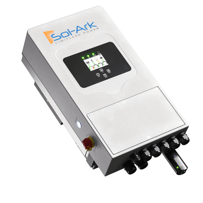 Sol-Ark 5000W All-In-One Hybrid Inverter with display for solar, battery, and grid management.