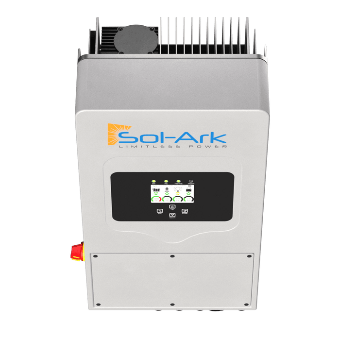 Sol-Ark 5,000W Hybrid Inverter with charge controller and display for solar power systems, grid-tied or off-grid solutions.