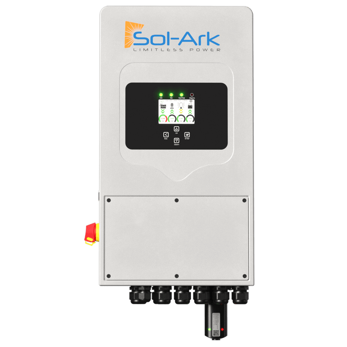 Sol-Ark 5,000W All-In-One Hybrid Inverter front view with display and controls for solar power management.