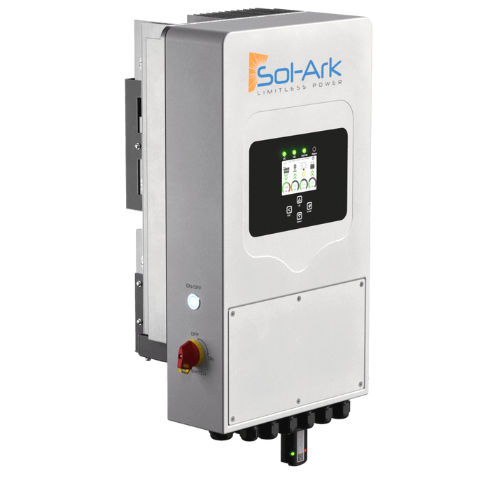 Sol-Ark 5,000W Hybrid Inverter with display, charge controller, offering grid-tied and off-grid solar power solutions.